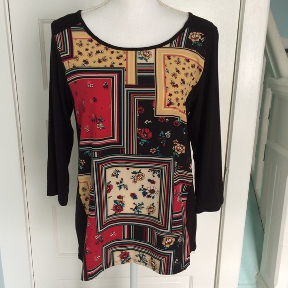 Ava James Black Multicolored Patchwork Pattern Soft Knit Scoop Neck Tunic Small - Picture 1 of 8